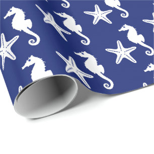 Papel De Regalo Caballito de mar y estrella de mar - azul marino y