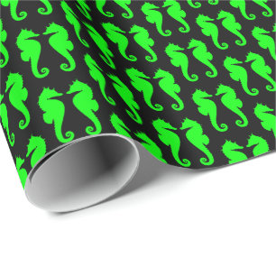 Papel De Regalo Caballitos de Mar Verde Lima sobre Negro