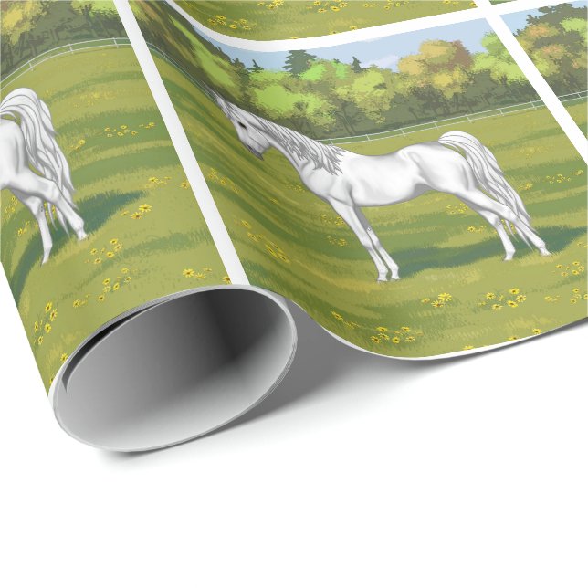 Papel De Regalo Caballo árabe egipcio blanco en pastura de verano (Esquina del rollo)