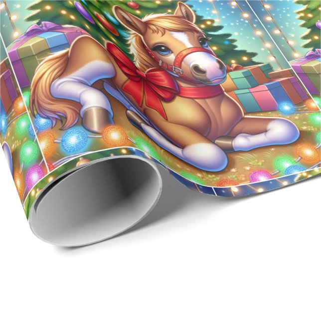 Papel De Regalo Caballo Bebé En El Árbol De Navidad (Esquina del rollo)