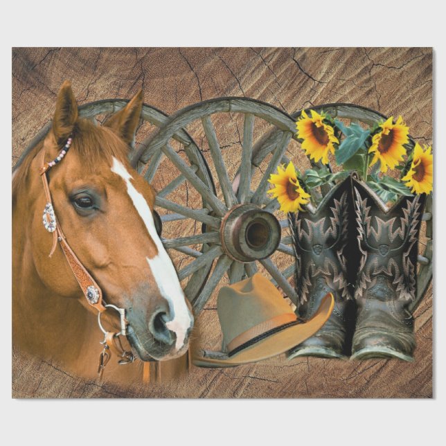 Papel De Regalo Caballo Cowboy Boots Rueda de vagón girasoles occi (Superficie plana)