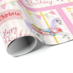 Papel De Regalo Caballo de Carrousel de Cumpleaños Agregar Nombre 