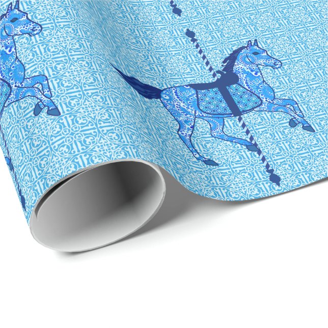 Papel De Regalo Caballo de carrusel - Cobalto y azul cielo (Esquina del rollo)