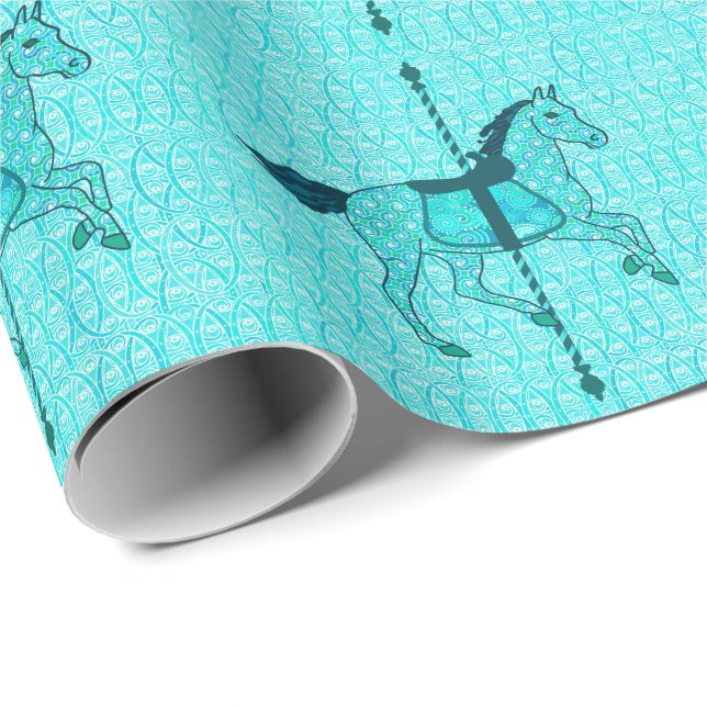 Papel De Regalo Caballo de carrusel - Turquesa y Aqua (Esquina del rollo)