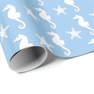 Papel De Regalo Caballo de mar y pez estrella - blanco sobre azul 