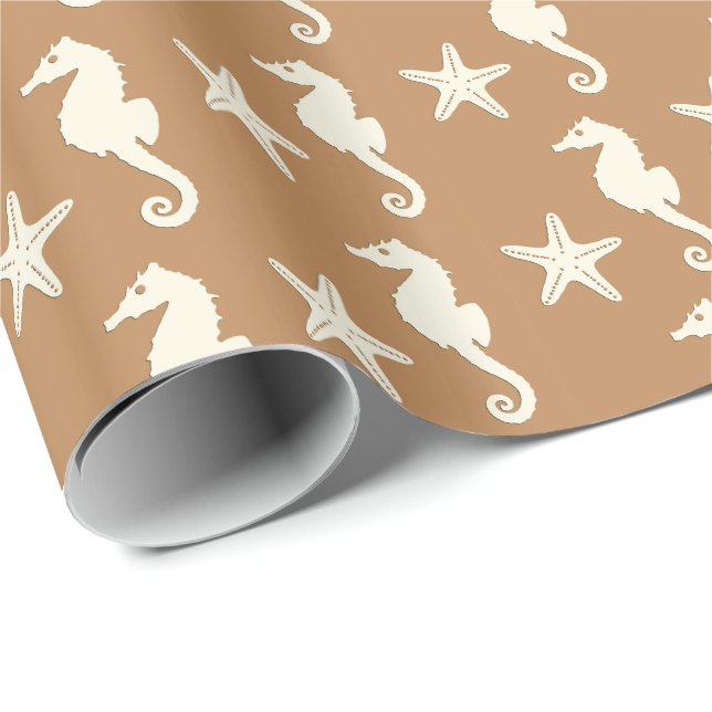 Papel De Regalo Caballo de mar y pez estrella - marrón de cacao y  (Esquina del rollo)