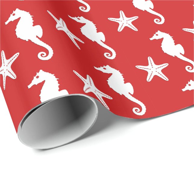 Papel De Regalo Caballo de mar y pez estrella - rojo y blanco de c (Esquina del rollo)