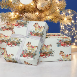 Papel De Regalo Caballo de Navidad Vintage, Berries Rojos , Decora