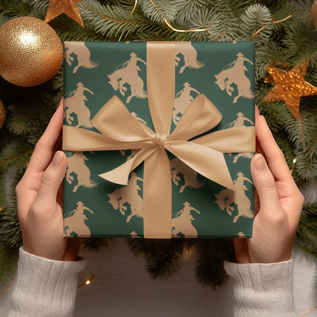Papel De Regalo Caballo De Vaquero Occidental Sobre Navidades Verd (Subido por el creador)