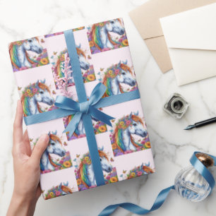 Papel De Regalo Caballo fantástico arcoiris Floral ecuestre cumple