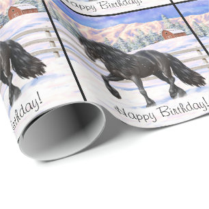 Papel De Regalo Caballo Friesiano Negro Borrador En Nieve