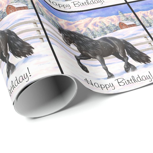 Papel De Regalo Caballo Friesiano Negro Borrador En Nieve (Esquina del rollo)