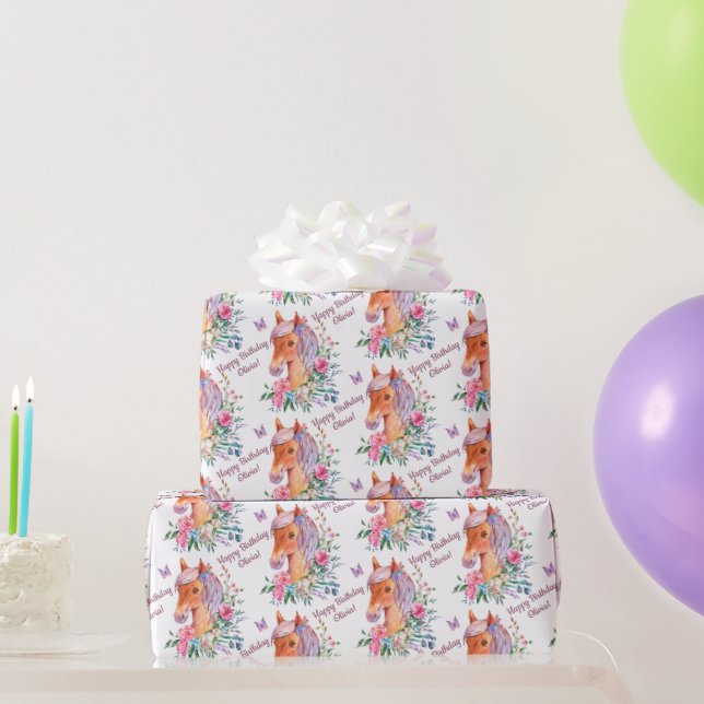 Papel De Regalo Caballo personalizado con flores chica cumpleaños (Regalos de fiesta)