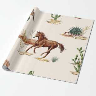 Papel De Regalo Caballo y Cactus de Agua Fuerte Desértico Silvestr