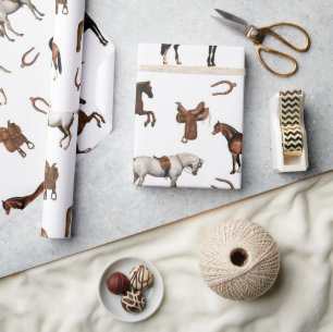 Papel De Regalo Caballos Acuarela Herradura Sillas de Montar