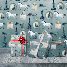 Papel De Regalo Caballos blancos de invierno Árboles y bayas azule