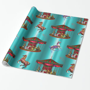 Papel De Regalo Caballos carrusel en azul