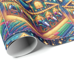 Papel De Regalo Caballos coloridos mirando hacia el establo de los