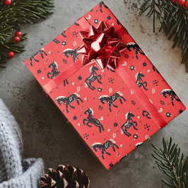 Papel De Regalo Caballos con adorno floral sobre un fondo rojo