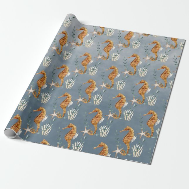 Papel De Regalo Caballos De Mar Bajo El Profundo Mar Azul (Desenrollado)