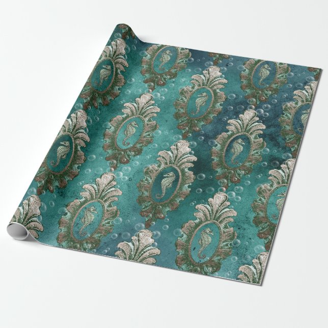 Papel De Regalo Caballos de mar pintados en verde claro (Desenrollado)