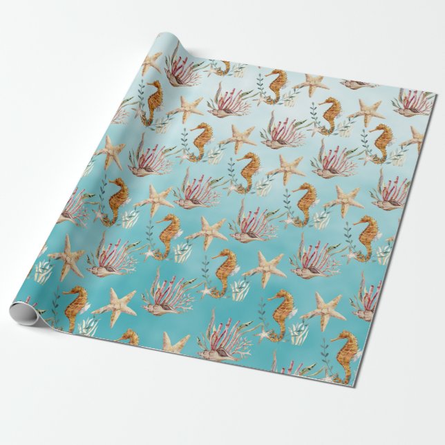 Papel De Regalo Caballos de mar Starfish Under the Caribbean Blue  (Desenrollado)