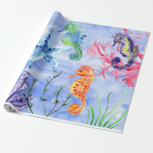 Papel De Regalo Caballos De Mar Y Pescado De Estaño Con Patrón De