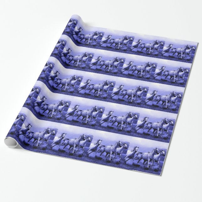 Papel De Regalo Caballos en marcha y luz luna azul (Desenrollado)