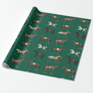 Papel De Regalo Caballos Sillados Elegantes Vintage Verde Cazador