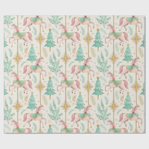 Papel De Regalo Caballos y árboles verdes rosa pastel