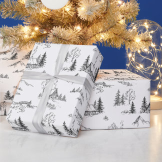 Papel De Regalo Cabaña Alpina Vintage Toile Negro y Blanco