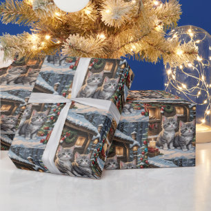 Papel De Regalo Cabaña de campo, gatitos lindos y árbol de Navidad