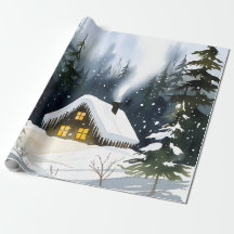 Cabaña de invierno vintage en acuarela de Navidad