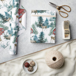 Papel De Regalo Cabaña en bosque con ciervos y árboles nevados