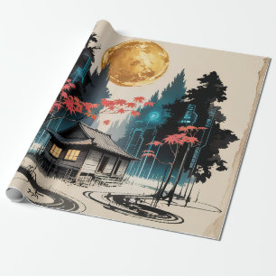 Papel De Regalo Cabaña iluminada por la luna Arte del bosque japon