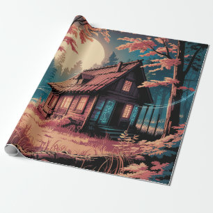 Papel De Regalo Cabaña iluminada por la luna Arte del bosque japon
