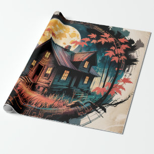Papel De Regalo Cabaña iluminada por la luna Arte del bosque japon