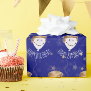 Papel De Regalo Cabello de Trump en globos blancos con estrellas d