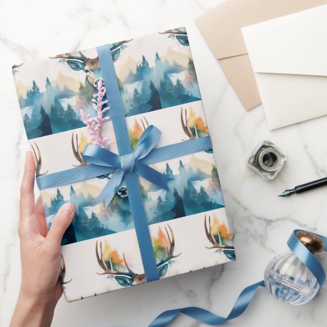 Papel De Regalo Cabeza de ciervo con cuerdas y árboles forestales (Regalar)