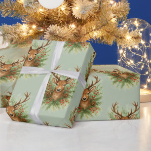 Papel De Regalo Cabeza de Ciervo Rústico del Bosque con Follaje de