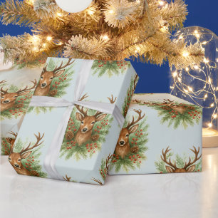 Papel De Regalo Cabeza de ciervo rústico del bosque con follaje de