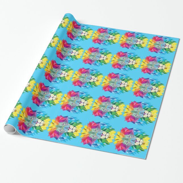 Papel De Regalo Cabeza de León Geométrico Azul (Desenrollado)