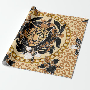 Papel De Regalo cabeza de leopardo rodeada de orquídeas, cadena do
