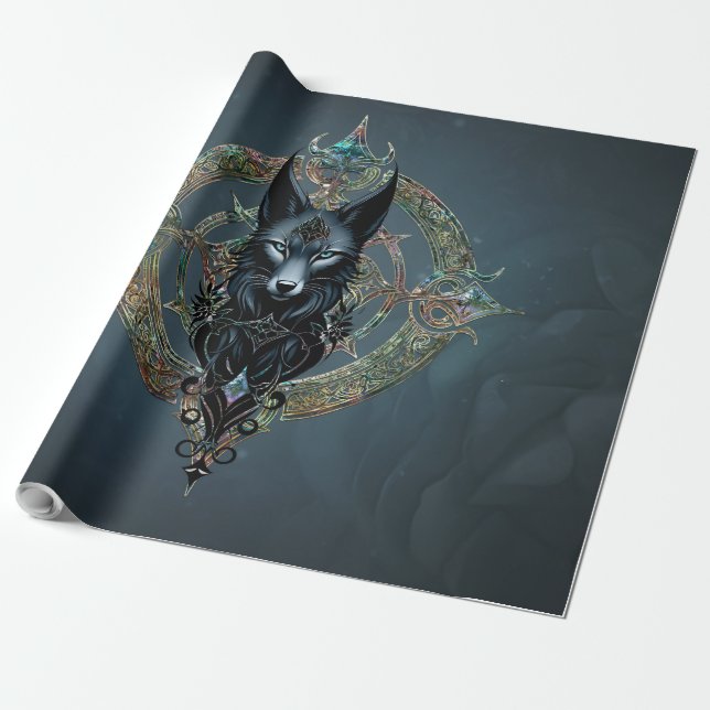 Papel De Regalo Cabeza de lobos negros con ojos azules penetrantes (Desenrollado)