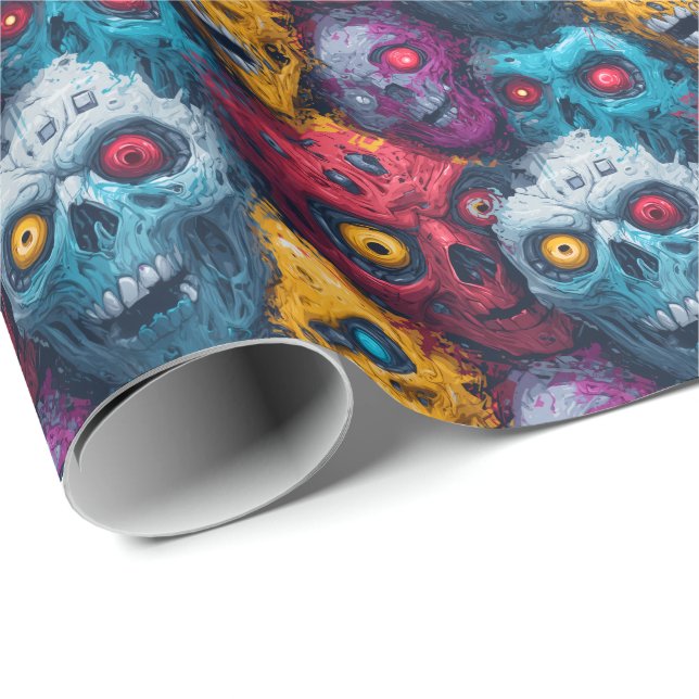 Papel De Regalo Cabeza Zed - Patrón Neon Zombie Horde (Esquina del rollo)