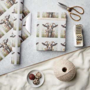 Papel De Regalo  Cabra Vieja con Flores Patrón Divertido de Animal