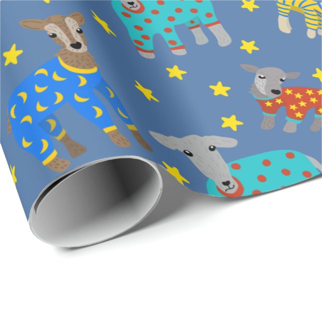 Papel De Regalo Cabras en pijamas con estrellas con estampado azul (Esquina del rollo)