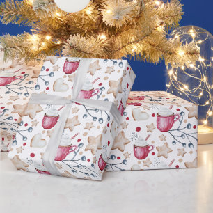 Papel De Regalo Cacao Caliente De Navidad Y Galletas Acuarela