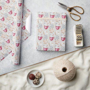 Papel De Regalo Cacao Caliente De Navidad Y Galletas Acuarela