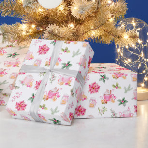 Papel De Regalo Cacao Caliente de Navidad y Poinsettias Rosadas